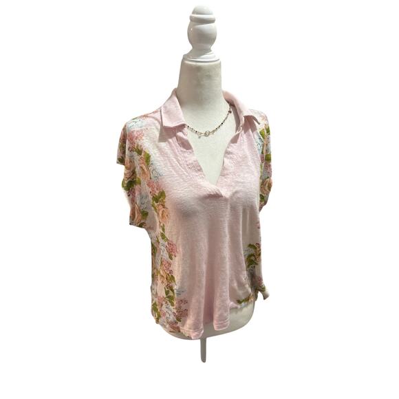 Joie 100% Linen Floral Polo Top Johnny Collar Pink Tropical - Size Medium - Picture 1 of 7